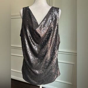White House Black Market Gray  Metallic Sequin Drape Top, Size XL, NWT